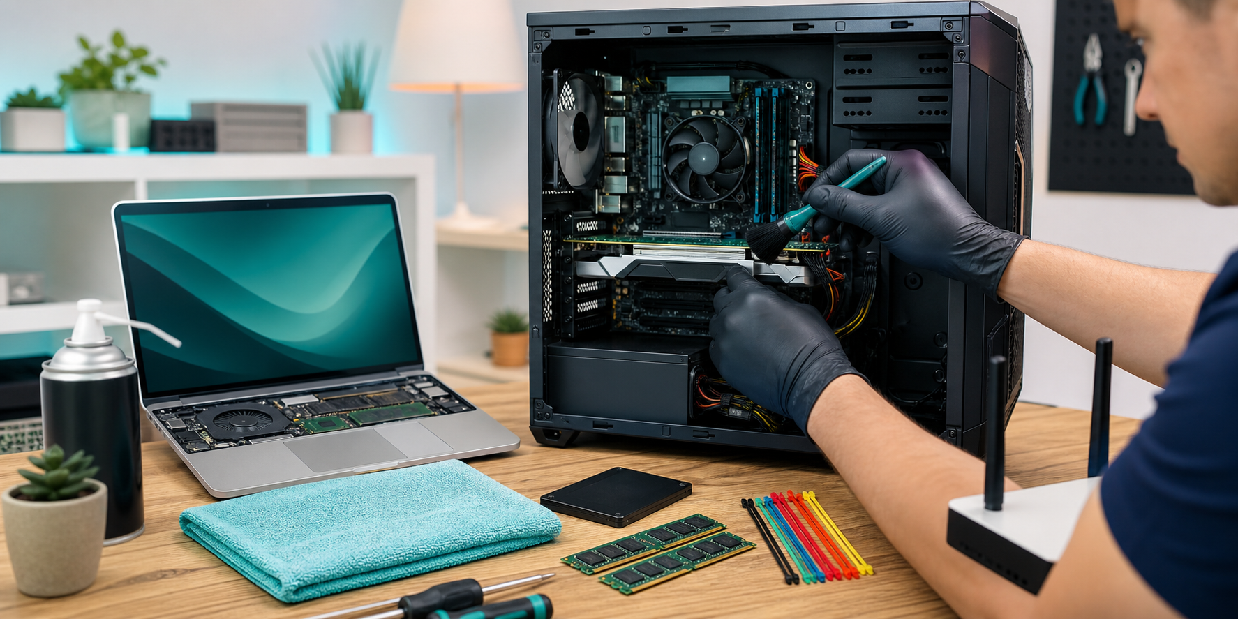 Technician carefully cleaning and maintaining a desktop computer